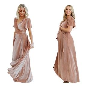 BALTIC BORN Dress New Velvet Champagne Mauve Dusty Pink Ribbed Maxi Wrap Long